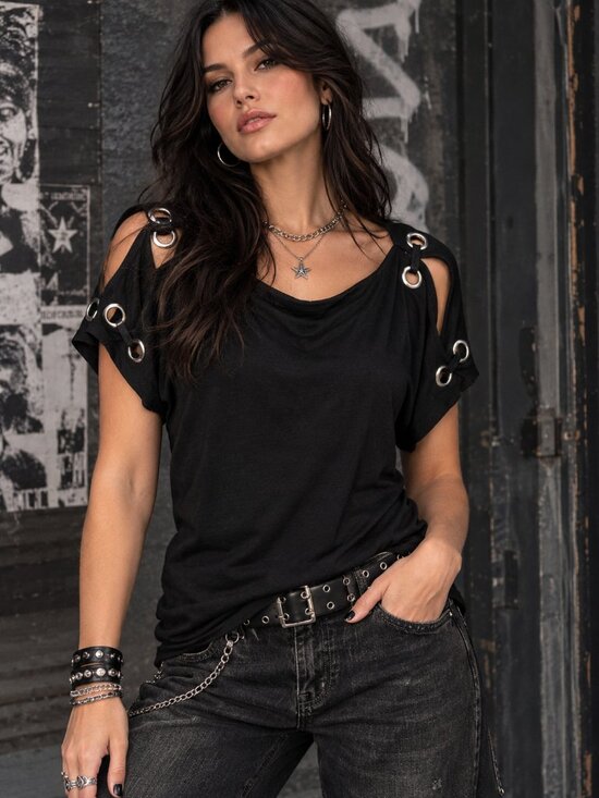 Cable & Gauge Tops - Cable & Gauge Black Cold Shoulder Grommet Top Size M Cutout Knit